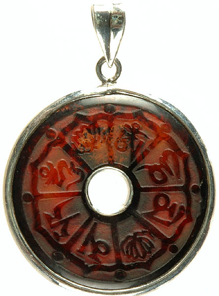 Black Onyx Donut Double-Sided Pendant Carved  with Om Mani Padme Hum Mantra