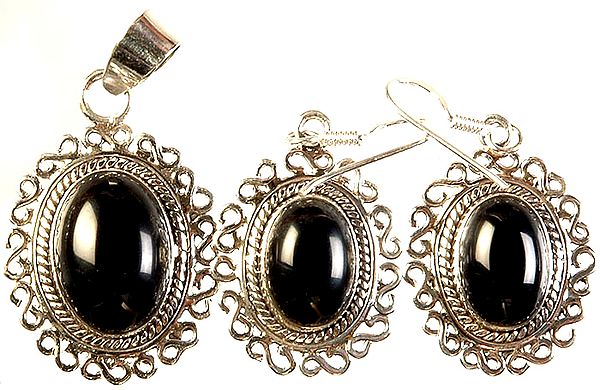 Black Onyx Oval Pendant with  Earrings Set
