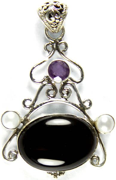 Black Onyx Pendant with Twin Pearl and Faceted Amethyst