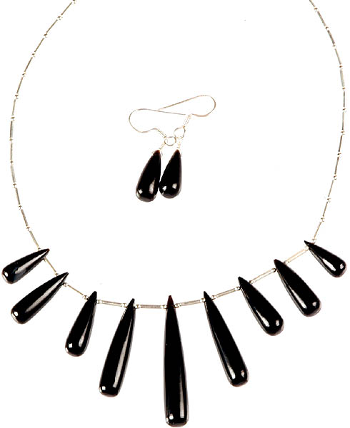 Black Onyx Plain Long Drops Necklace with Earrings Set