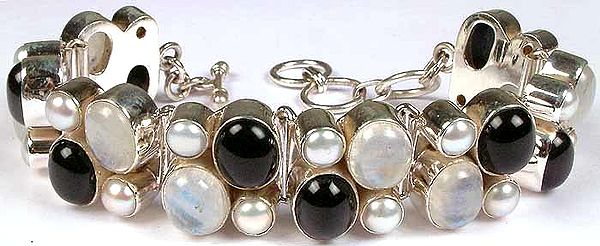 Black Onyx, Rainbow Moonstone & Pearl Bracelet