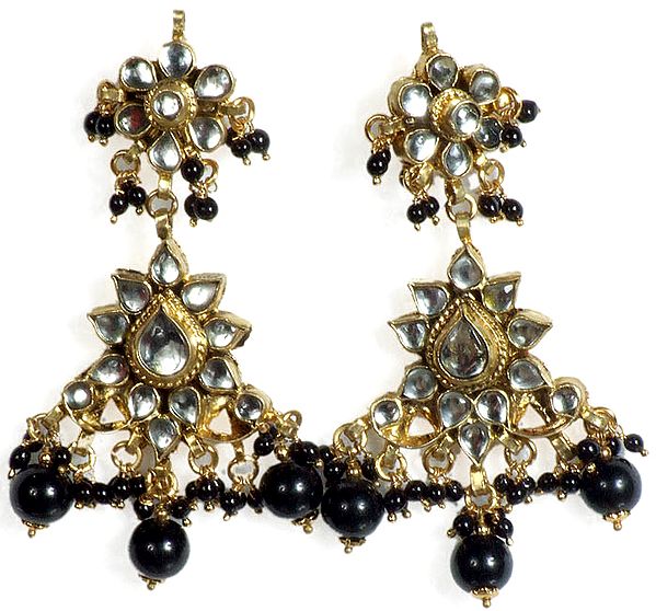 Black Triangular Kundan Earrings with Beaded Dangles