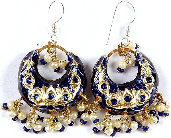 Blue and Golden Crescent Earrings