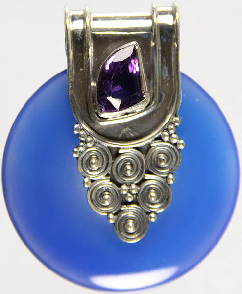 Blue Chalcedony and Amethyst Pendant
