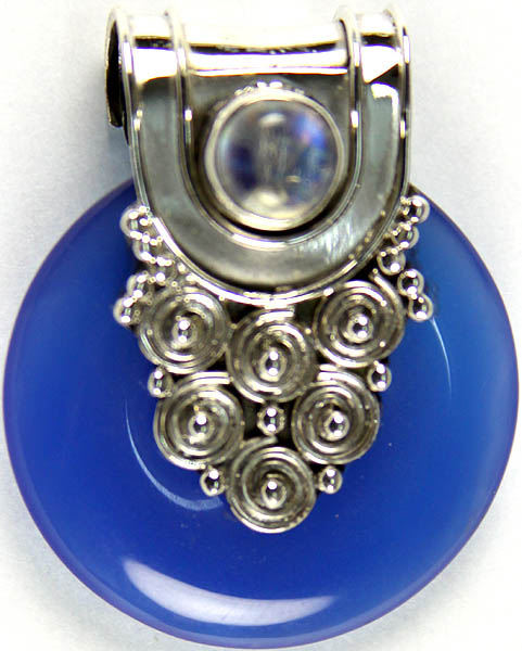 Blue Chalcedony Donut Pendant with Rainbow Moonstone