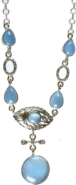 Blue Chalcedony Necklace with Evil Eye Center