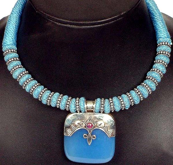 Blue Chalcedony Necklace with Matching Thread