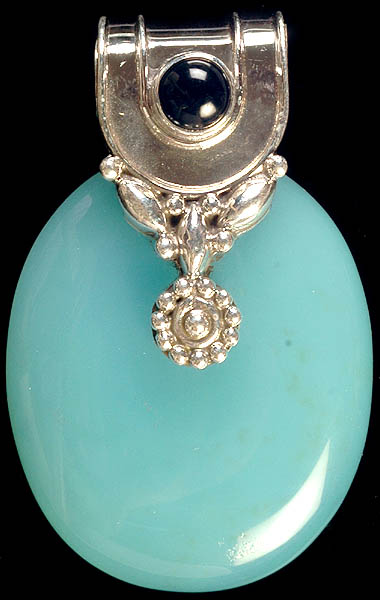 Blue Chalcedony Oval Pendant with Black Onyx
