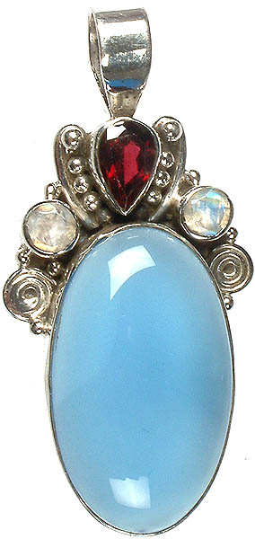 Blue Chalcedony Oval Pendant with Faceted Garnet and Rainbow Moonstone