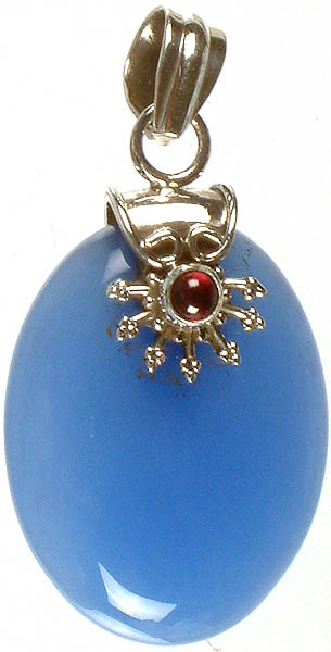 Blue Chalcedony Oval Pendant with Garnet