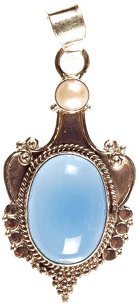 Blue Chalcedony Oval Pendant with Pearl