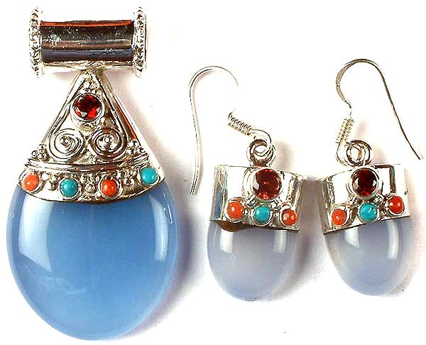 Blue Chalcedony Pendant & Earrings Set With Gemstones