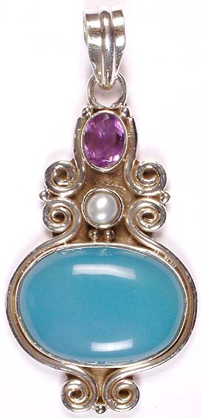 Blue Chalcedony Pendant with Amethyst and Pearl