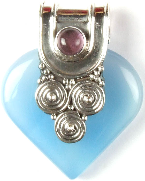 Blue Chalcedony Pendant with Amethyst and Spiral