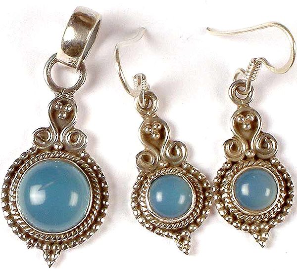Blue Chalcedony Pendant with Matching Earrings