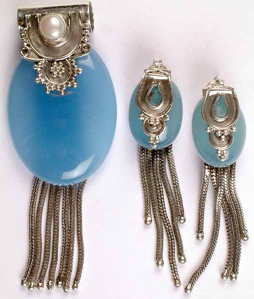 Blue Chalcedony Shower Pendant with Matching Earrings