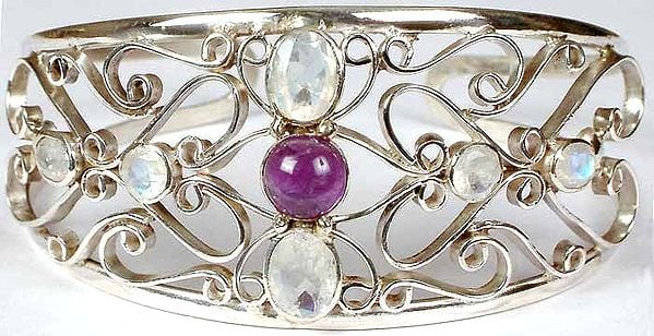 Bracelet of Faceted Rainbow Moonstone and Amethyst