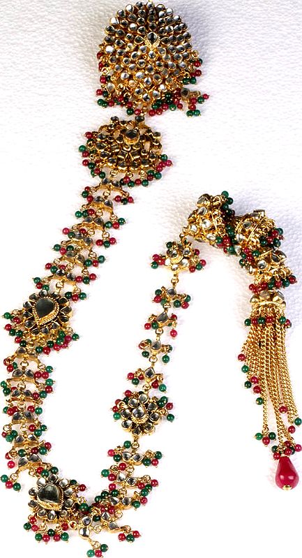 Bridal Kundan Hair-braid Ornament (Choti) with Faux Emerald and Rubies
