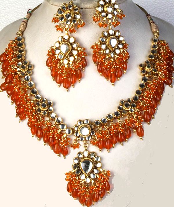 Bridal Kundan Necklace Set with Orange Glass Beads