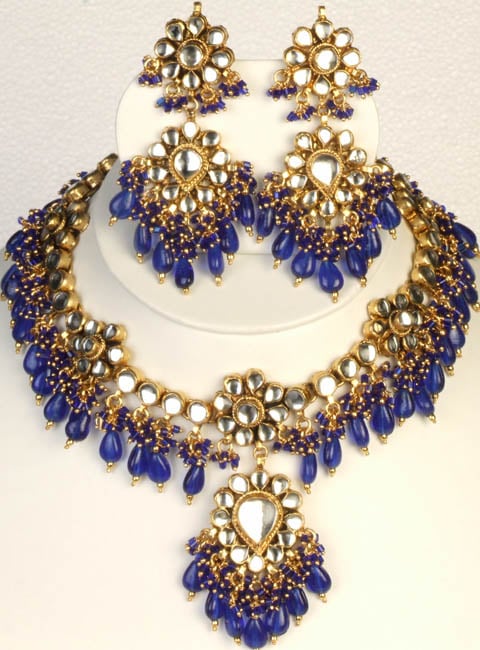 Bridal Kundan Necklace Set with Royal Blue Glass Beads