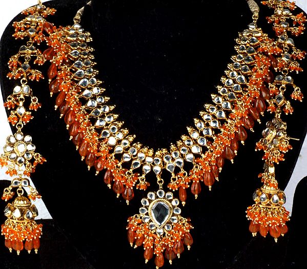 Bridal Kundan Necklace with Orange Glass Beads and Earwrap Jhumka Earrings