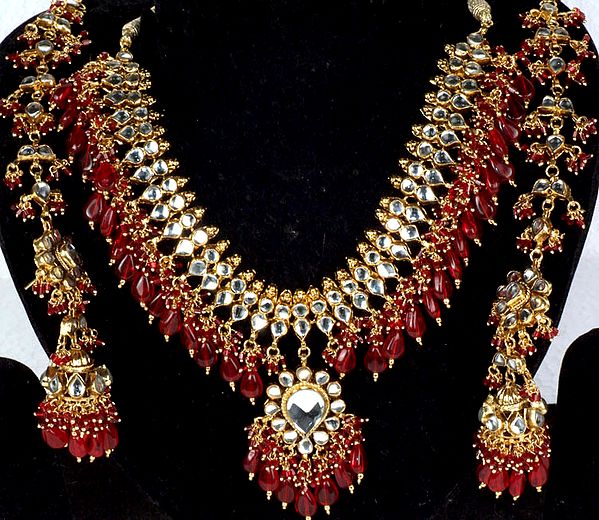 Bridal Kundan Necklace with Red Glass Beads and Earwrap Jhumka Earrings