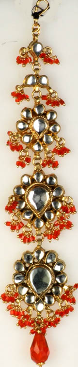 Bridal Kundan Tika with Orange Glass Beads