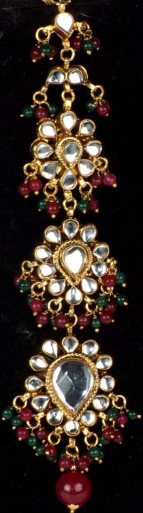 Bridal Kundan Tika with Ruby and Emerald Color Glass Beads (Forehead Ornament)