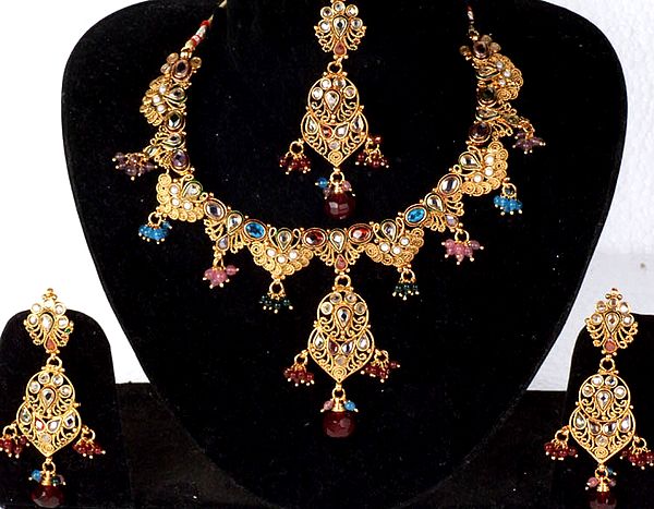 Bridal Polki Necklace and Tika Set with Multi-Color Cut Glass