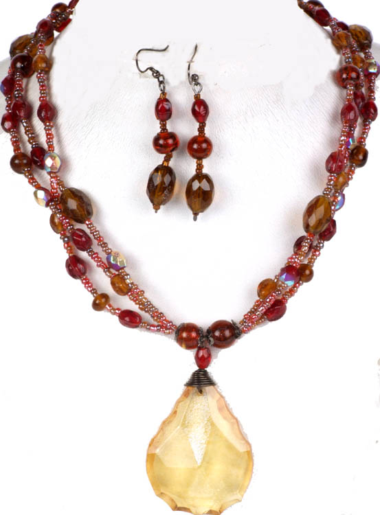 Brown Cut Glass Beaded Necklace and Earrings Set with Large Pendant