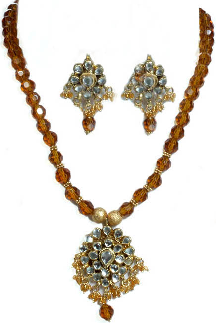 Brown Kundan Necklace and Earrings Set with Glass Beads