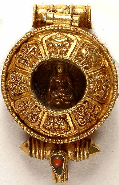 Buddha In Bhumisparsha Mudra (Gold Plated Pendant with Ashtamangala)