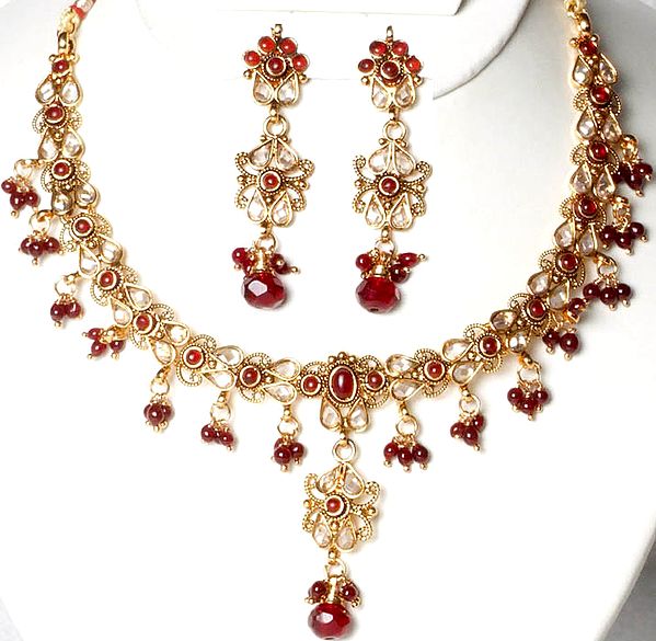 Burgundy Polki Necklace and Earrings Set with Cut Glass