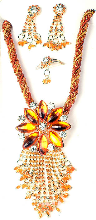 Burnt Orange Cut Glass Flower Necklace with Earrings and Finger Ring Set