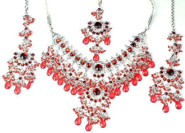 Cardinal Cut Glass Necklace with Matching Earrings and Mang Tika set