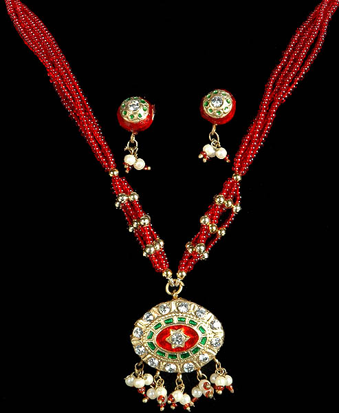 Cardinal Red Beaded Necklace with Designer Pendant and Earrings Set