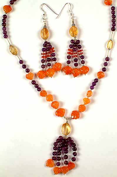 Carnelian, Amethyst & Citrine Necklace with Matching Earrings