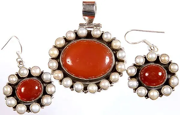 Carnelian and Pearl Pendant with Matching Earrings Set