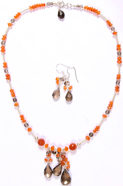 Carnelian and Smoky Quartz Beaded Necklace with Earrings Set