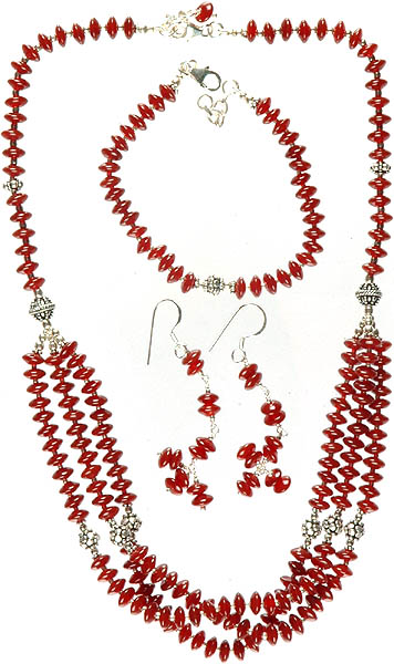 Carnelian Beaded Necklace with Bracelet and Earrings Set