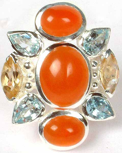 Carnelian, Faceted Blue Topaz & Citrine Ring