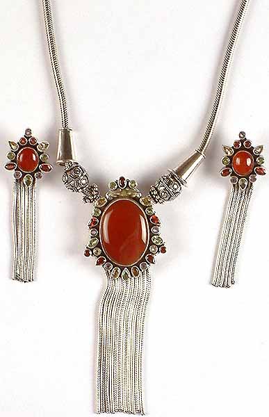 Carnelian Necklace & Earrings Set with Sterling Showers