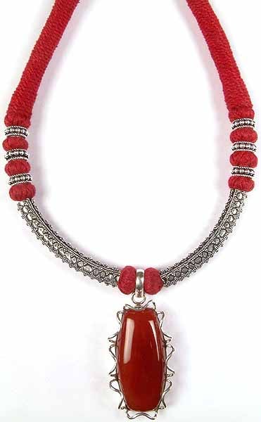 Carnelian Necklace with Granulated Sterling Beads & Matching Cord