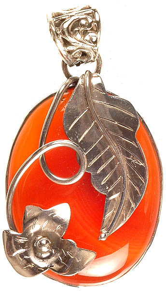 Carnelian Oval Pendant with Sterling Leaf and Flower