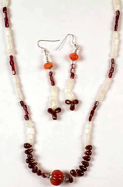 Carnelian, Rainbow Moonstone & Garnet Necklace with Matching Earrings