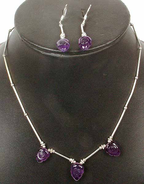 Carved Amethyst Necklace & Earrings Set