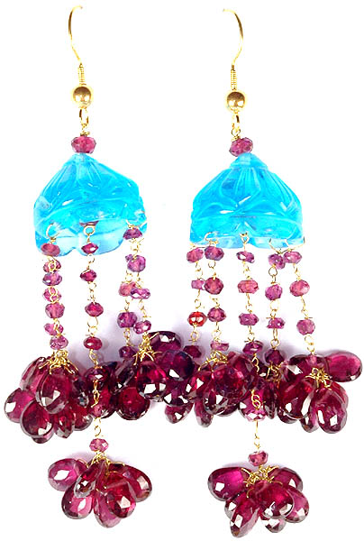 Carved Apatite and Faceted Garnet Umbrella Chandeliers