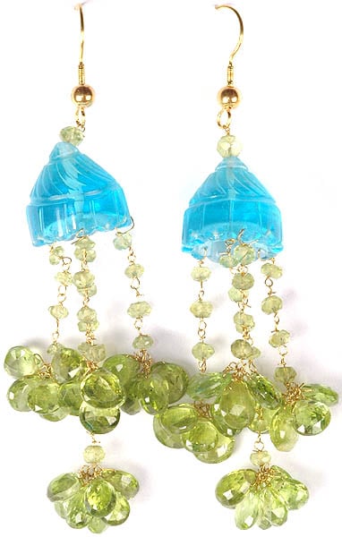 Carved Apatite and Faceted Peridot Umbrella Chandeliers