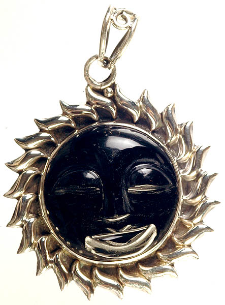 Carved Black Onyx Lord Surya Pendant