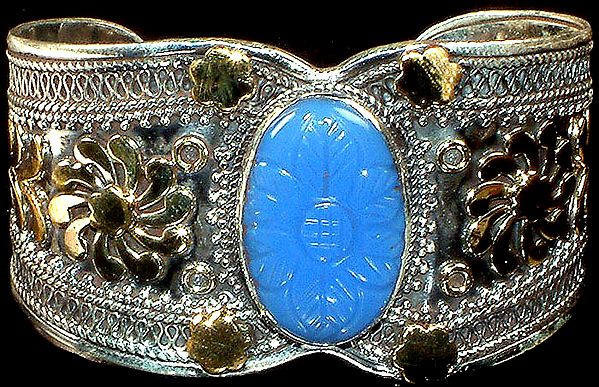 Carved Blue Chalcedony Bracelet Floral Bracelet